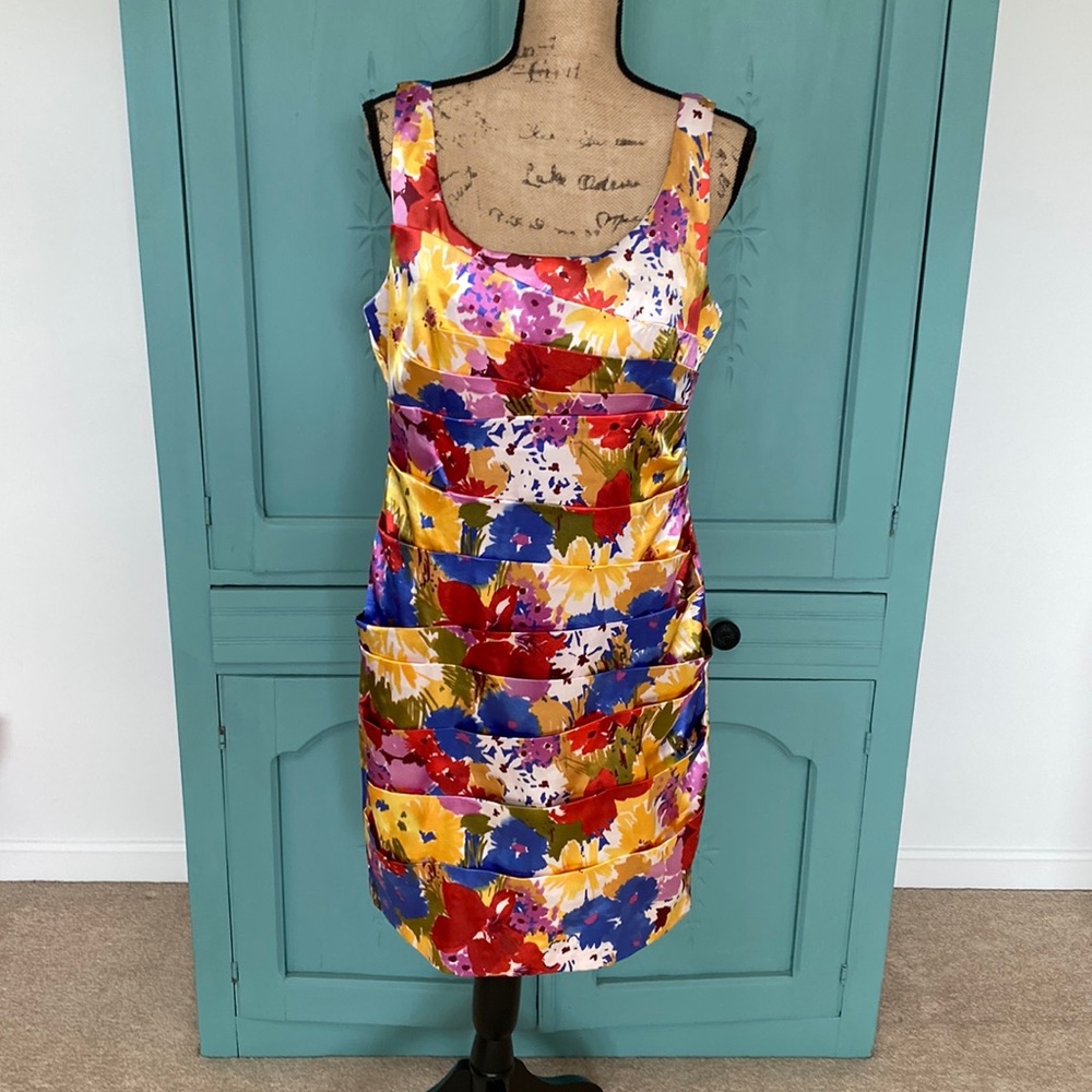 Bisou Bisou Multicolor Floral Satin Sheath Dress - Yellow, Red, Blue, Purple